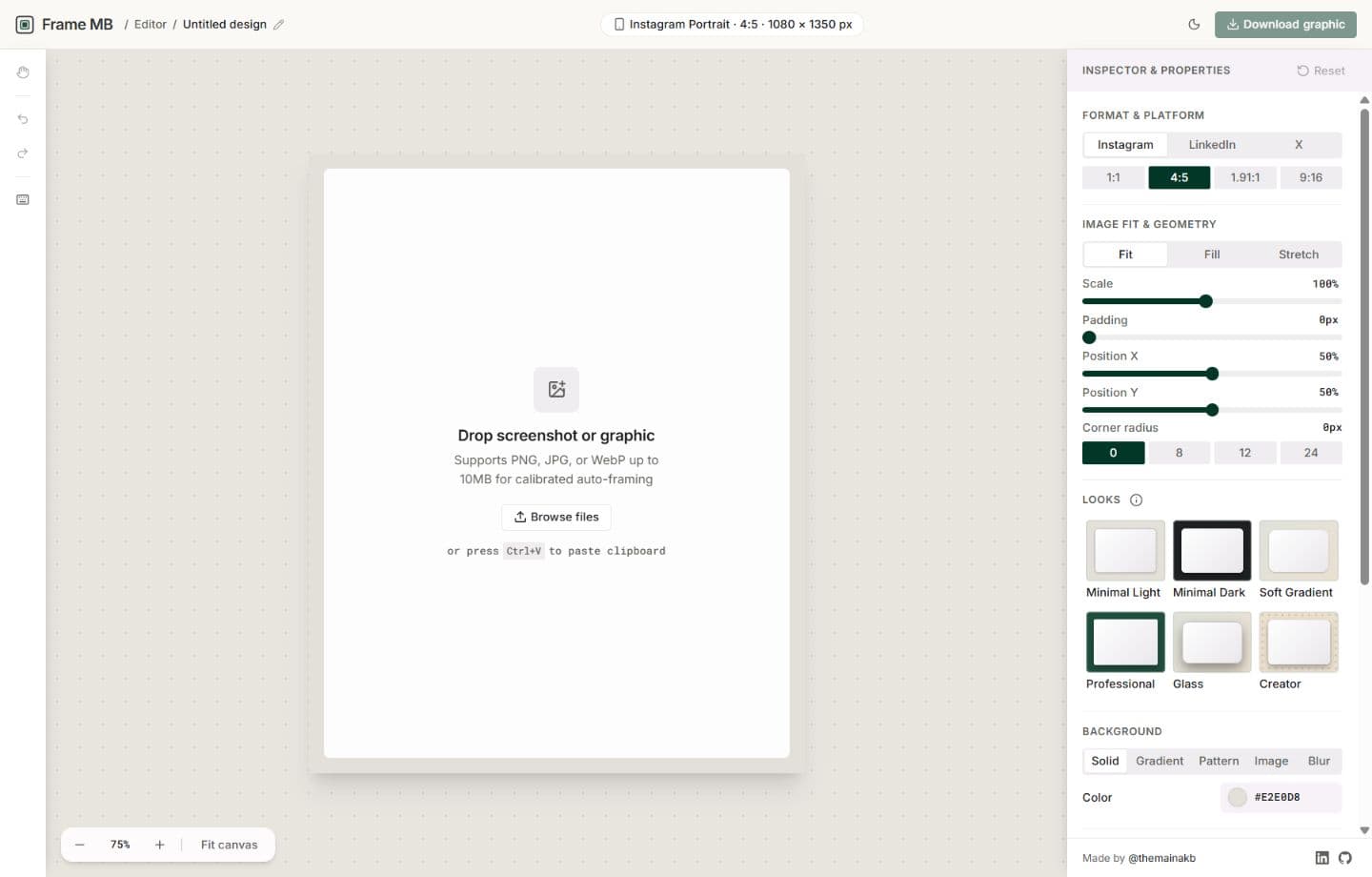 FrameMB desktop editor with an image upload canvas, social platform formats, aspect ratios, image fit controls, and themed backgrounds.